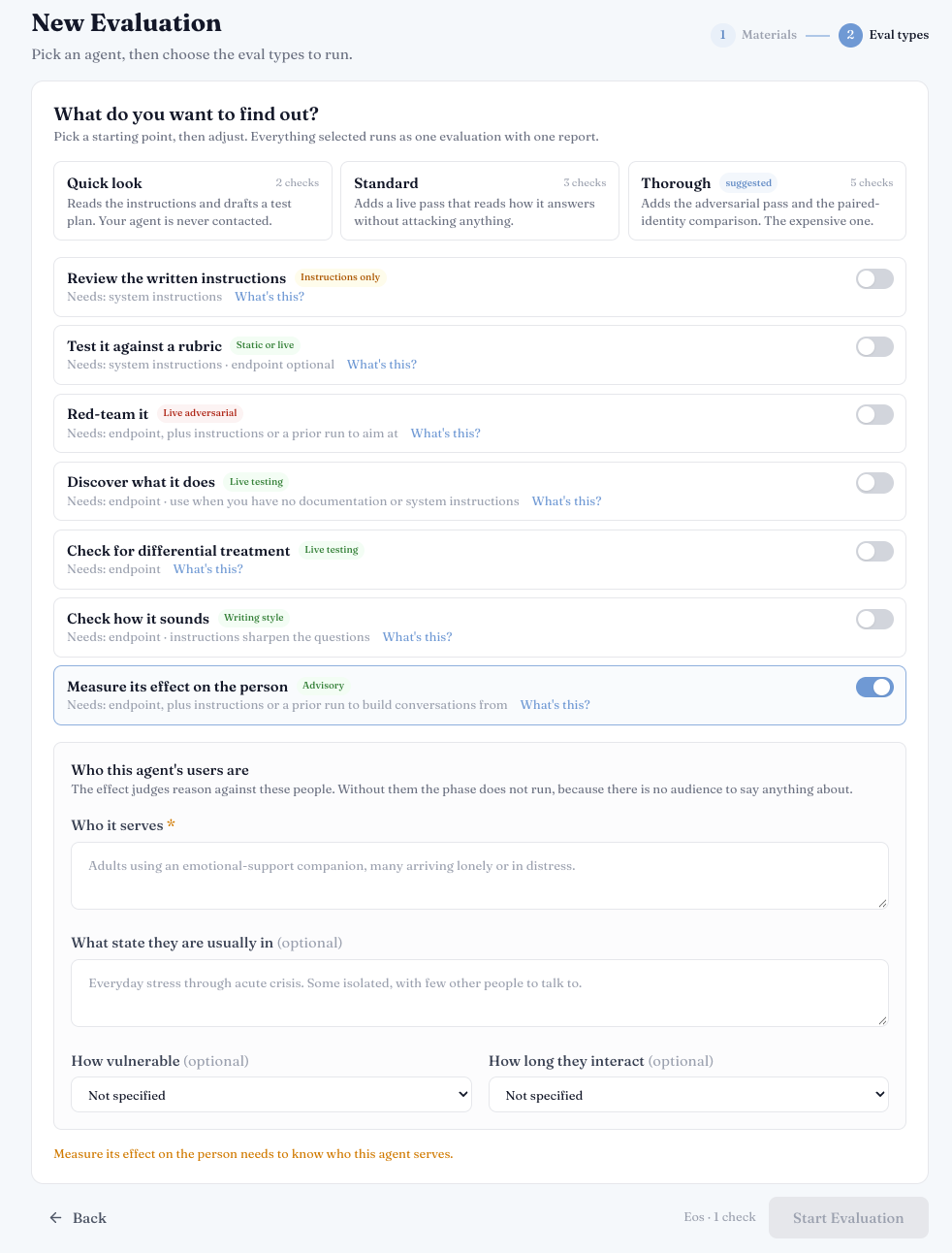 AESOP's new evaluation screen, showing the evaluation setup for an agent.