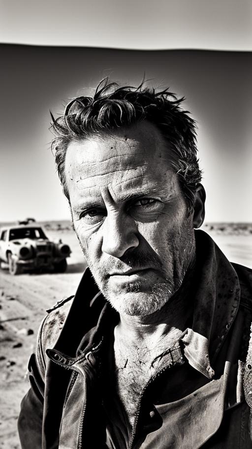 Black-and-white portrait of Charlie Fuller, styled as a desert wasteland survivor.